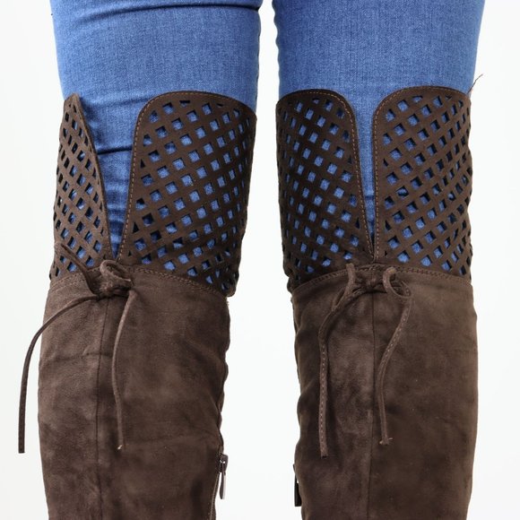 Brown Thigh High Over The Knee Flat Boots Faux Suede - Picture 13 of 14